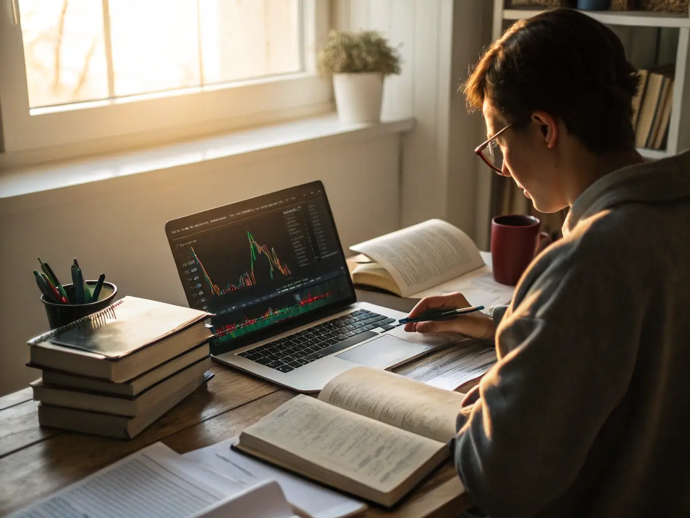 A focused student engrossed in a ForexVer Academy lesson on a laptop, surrounded by charts and trading tools, symbolizing dedication to learning.
