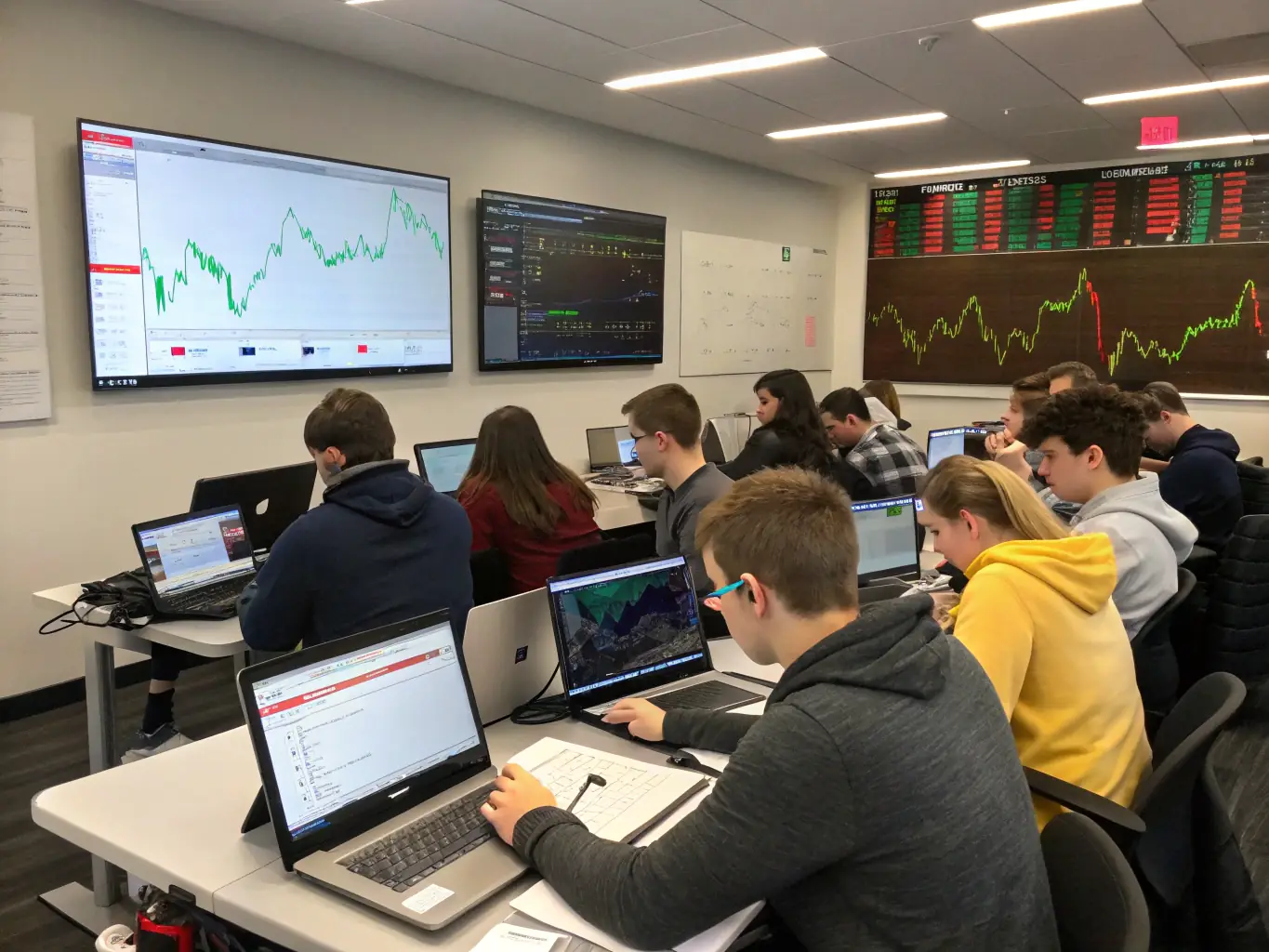 A group of ForexVer Academy students participating in a live trading session, guided by an expert instructor, highlighting the practical application of learned concepts.